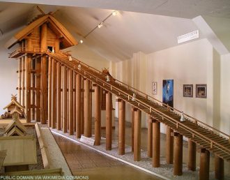 One to ten scale model of the ancient Izumo-taisha honden main hall 4.8 meter high, Shimane Museum of Ancient Izumo in Shimane Prefecture. 