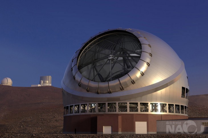  <strong>Image 1 </strong>: Rendering of TMT<br /> You can see the dome of the Keck Telescope in the back. (Photo: National Astronomical Observatory of Japan)