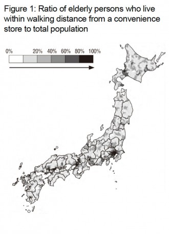 <strong>Note 1:</strong> Walking distance from a convenience store = a radius of 300 meters<br /> <strong>Note 2:</strong> Elderly persons = persons 65 years of age or older<br /> <strong>Source:</strong> Materials SMTRI produced on the basis of information released by the Ministry of Internal Affairs and Communications and data obtained from the official websites of the various companies that operate convenience stores.<br /> Image: Courtesy of Chuo Koron Shinsha